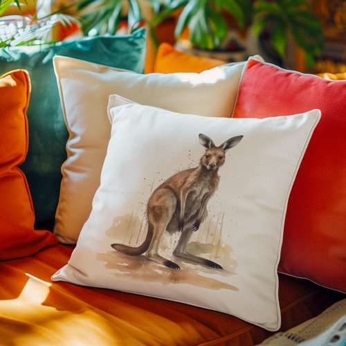 water color brown kangaroo standing in the desert throw pillow