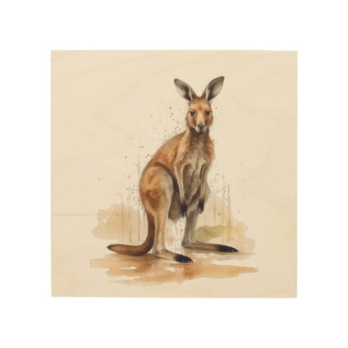 water color brown kangaroo standing in the desert wood wall art