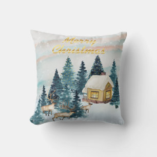 Water Color Christmas Cabin Throw Pillow