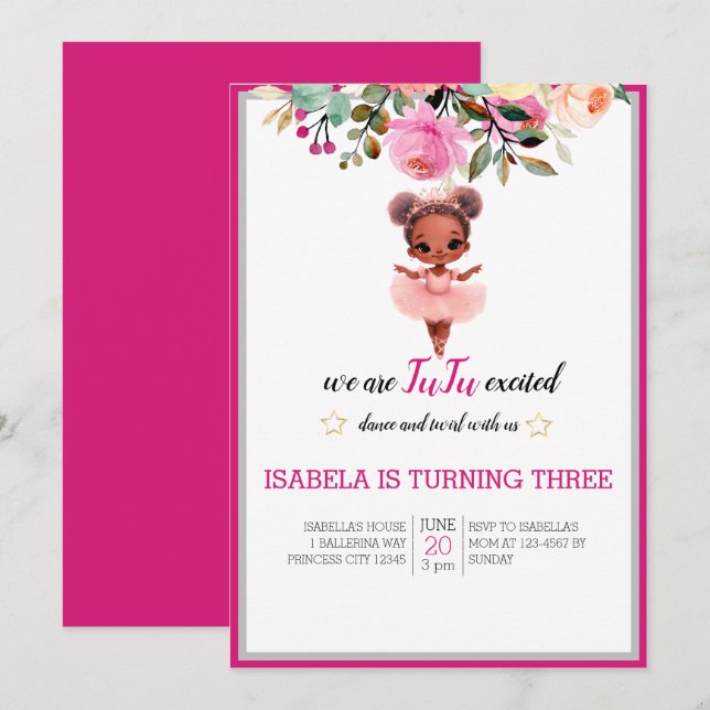 Water Color Floral Ballerina Dancer Birthday Invitation (Front/Back)
