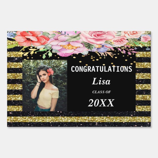 Water Color Floral Black Gold Stripes Graduation Sign (Front)