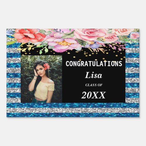 Water Color Floral Blue Silver Stripes Graduation Sign