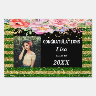 Water Color Floral Green Gold Stripes Graduation Sign