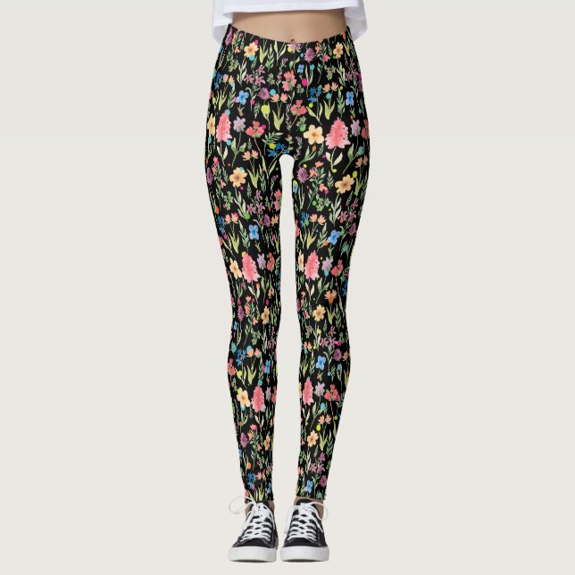 Water Color Floral Pattern 01.bw Leggings (Front)