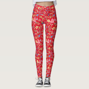 Water Color Floral Pattern 01.bw Red BG Leggings