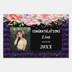 Water Color Floral Purple Black Stripes Graduation Sign