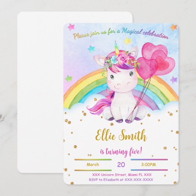 Water Color Floral Unicorn Invitation (Front/Back)