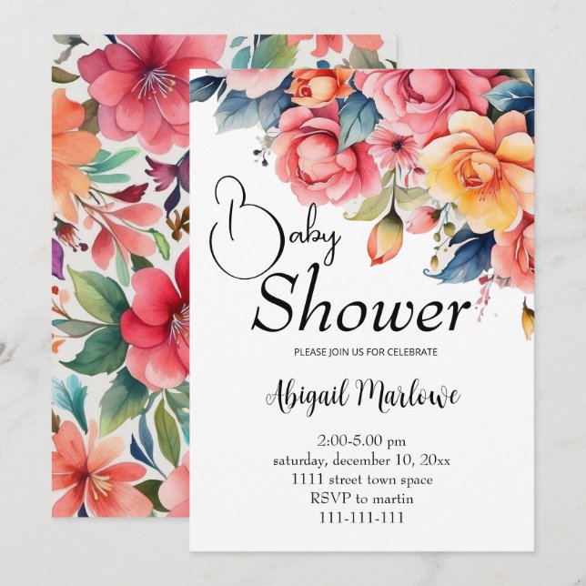 water color flower baby shower invitation card (Front/Back)