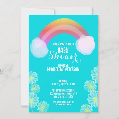 Water Color Flowers Rainbow  Blue Baby Shower Invitation