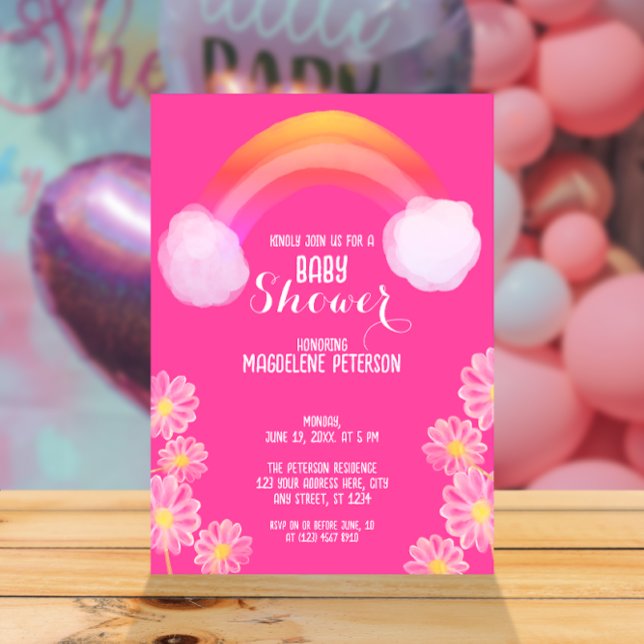 Water Color Flowers Rainbow | Pink Baby Shower Invitation (Creator Uploaded)