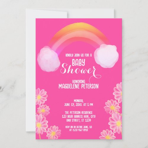 Water Color Flowers Rainbow  Pink Baby Shower Invitation