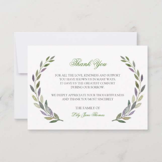 Water Color Foliage Thank You Card | Memorial Card (Front)