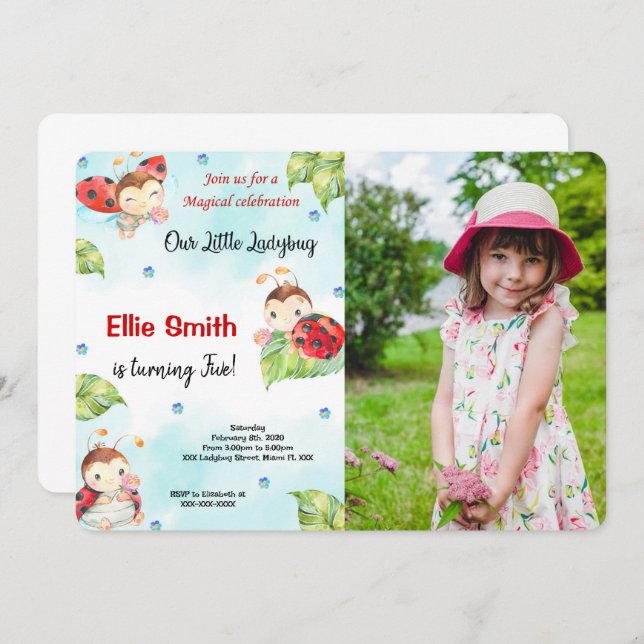 Water Color Ladybug Photo Invitation (Front/Back)