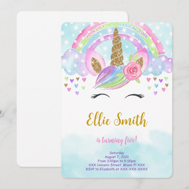 Water Color Magical Unicorn Invitation (Front/Back)