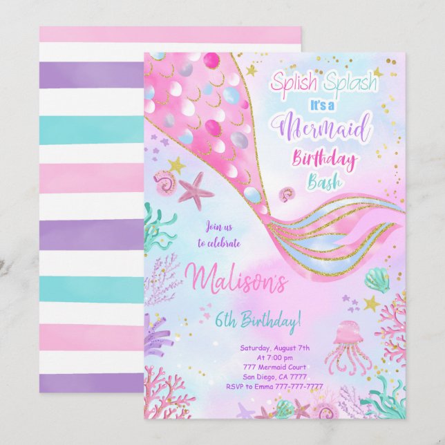 Water Color Mermaid Birthday Invitation (Front/Back)
