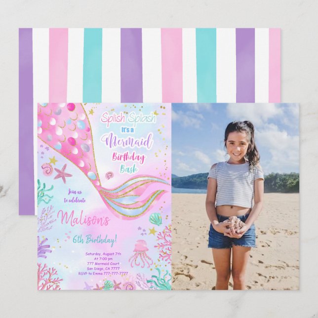 Water Color Mermaid Birthday Photo Invitation (Front/Back)