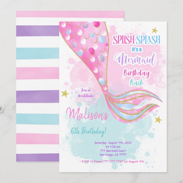 Water Color Mermaid kids Invitation (Front/Back)
