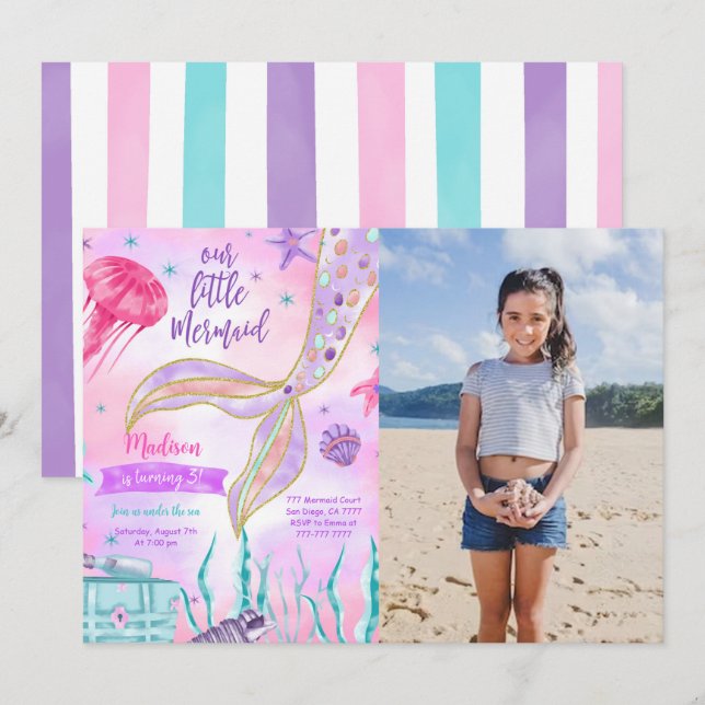 Water Color Mermaid Photo Invitation (Front/Back)