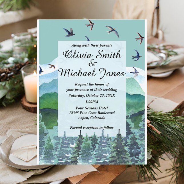 Water color mountains and trees wedding invitation postcard (Creator Uploaded)