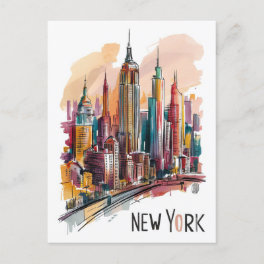 water color new york city skyline postcard