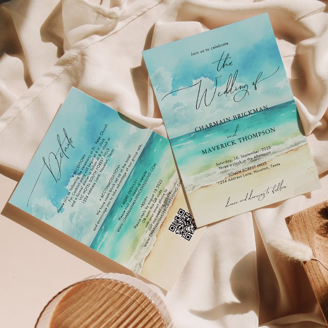 Water Color Ocean Beach Budget Wedding Invitation (Creator Uploaded)