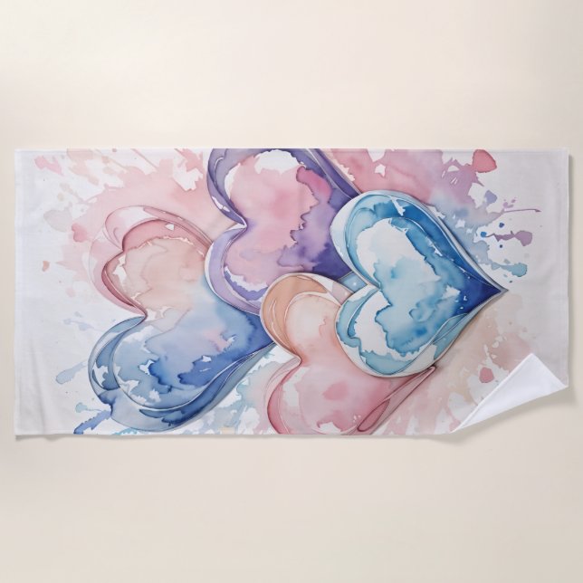 Water Color Painted Hearts  Beach Towel (Front)