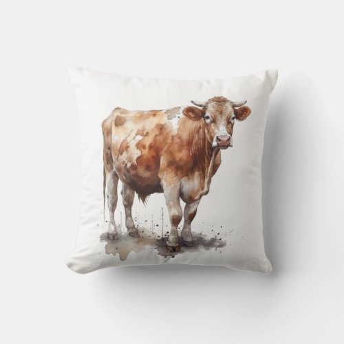 water color painting of a cow in a pasture throw pillow