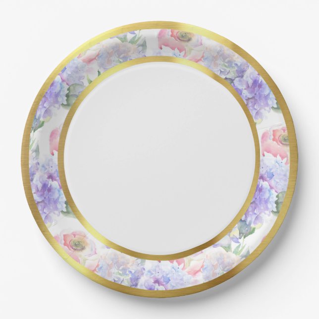 Water Color Pastel Floral Gold Rim Paper Plate (Front)