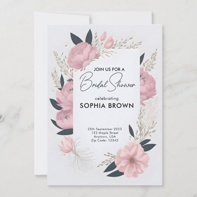 Water color pink blush floral bridal shower invitation (Front)