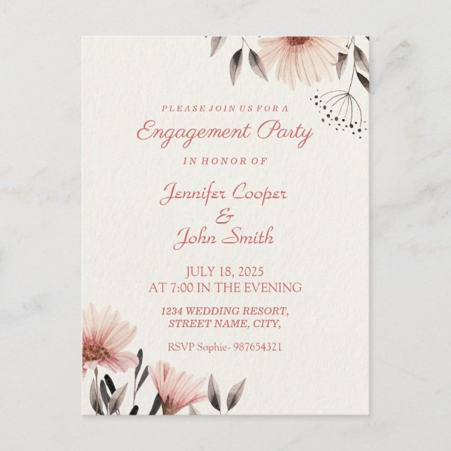 Water Color Pink Floral  Engagement Party Postcard (Front)