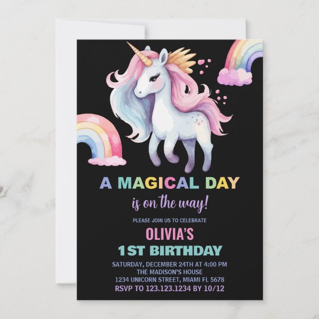 Water color Rainbow Unicorn Birthday Invitations (Front)