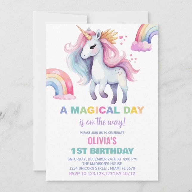 Water color Rainbow Unicorn Birthday Invitations (Front)