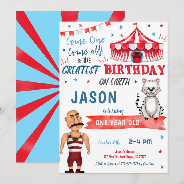 Water Color Red & Blue Circus Birthday Invitation (Front/Back)