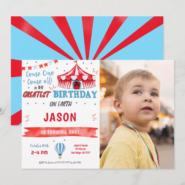 Water Color Red & Blue Circus Photo Invitation (Front/Back)