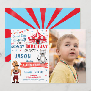 Water Color Red & Blue Circus Photo Invitation