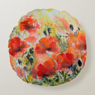 Water color red poppy flowers painting. Flowers in Round Pillow
