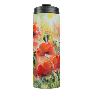 Water color red poppy flowers painting. Flowers in Thermal Tumbler