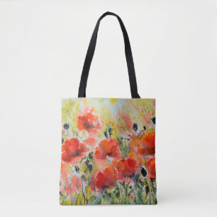 Water color red poppy flowers painting. Flowers in Tote Bag