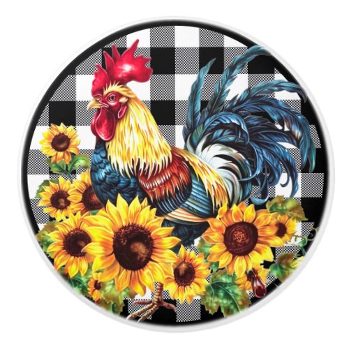 Water Color Rooster Sunflower Yellow Black Plaid Ceramic Knob