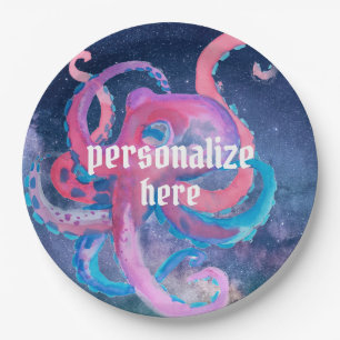 Water color space octopus pink stars paper plate