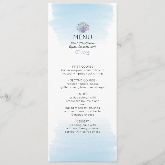 Water color theme Beach Wedding Menu Card (Front)