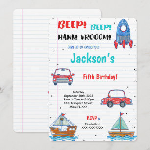 Water Color Transportation Birthday Invitation