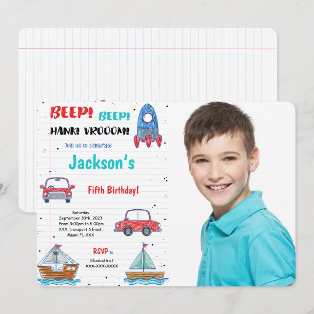 Water Color Transportation Birthday Photo Invitation (Front/Back)