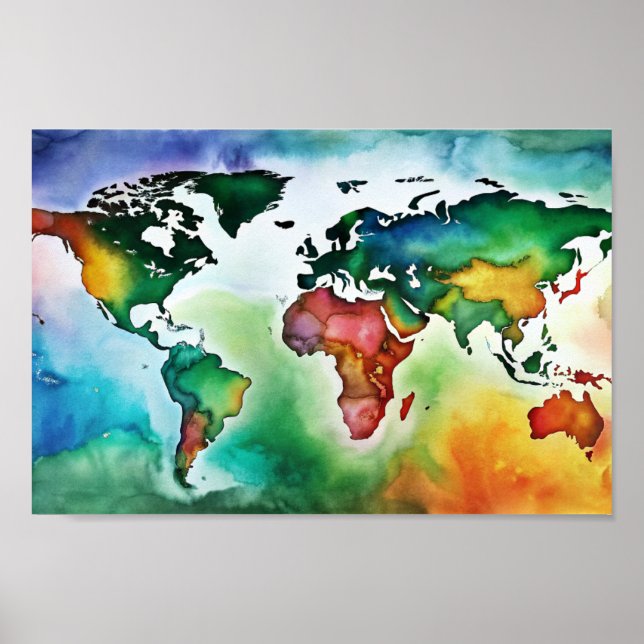 Water Color Wall Art World Map Poster (Front)