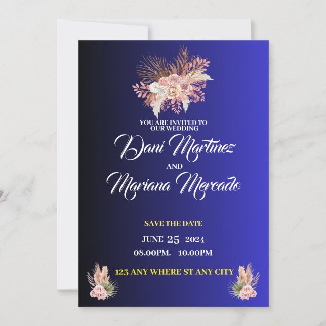 Water color White and blue wild flowers invitation (Front)