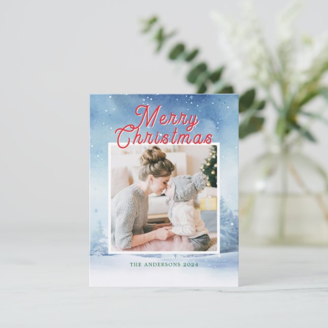 Water color winter wonderland with one photo holiday card (Standing Front)