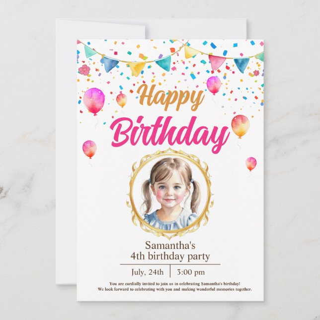 water colored cute birthday party invitation (Front)