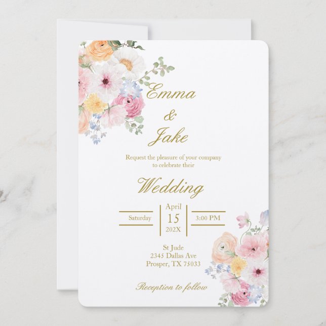 Water colored floral beige wedding  invitation (Front)