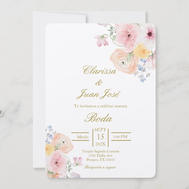 Water colored floral Spanish wedding  Invitation (Front)