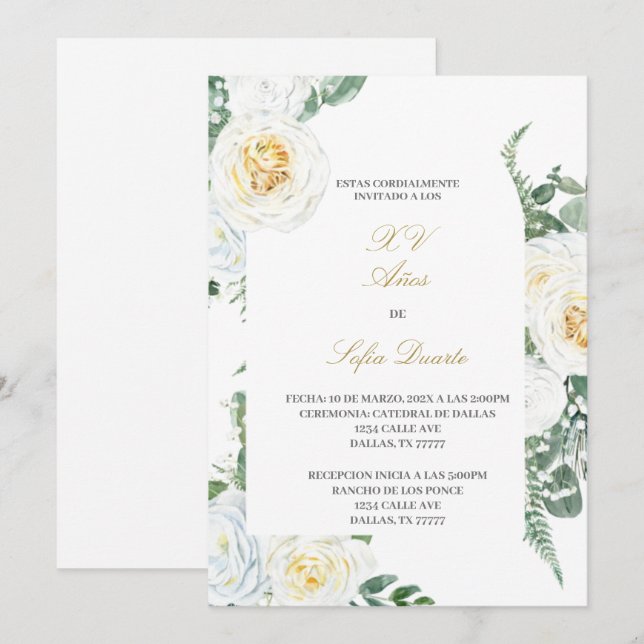 Water colored Quinceanera invitation in Spanish (Front/Back)